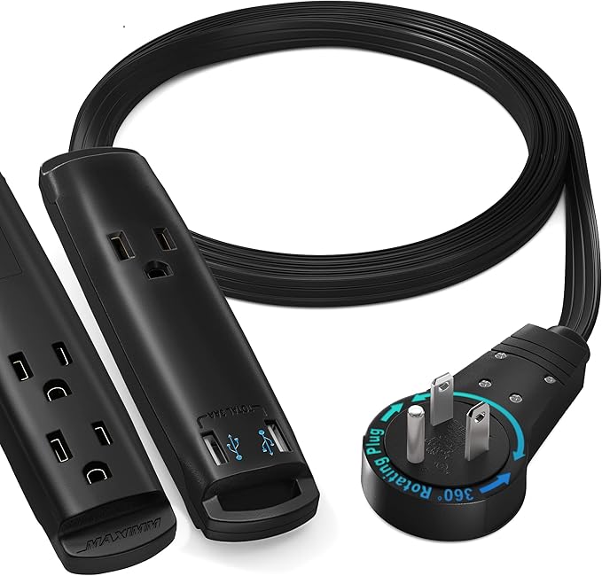 Maximm Extension Cord with USB Ports 3FT, 360° Rotating Flat Plug Extension Cord, 3-Outlet with USB Ports (2 Ports), 3 Prong Extension Cord, Grounded Extension Cord (Black) UL Certified