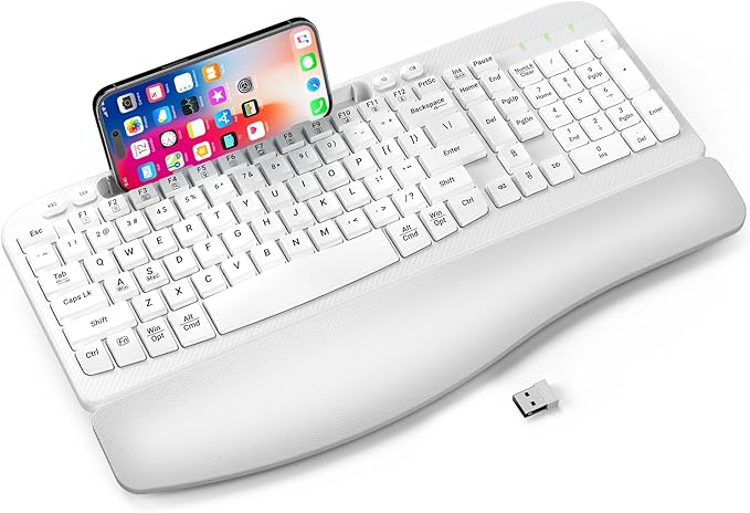 Ergonomic Wireless Keyboard with Cushioned Wrist Rest, Wave Keys, Phone Holder, Comfortable Natural Typing, 2.4GHz Full Size Cordless USB Computer Keyboard for Laptop, Mac, Windows (White)