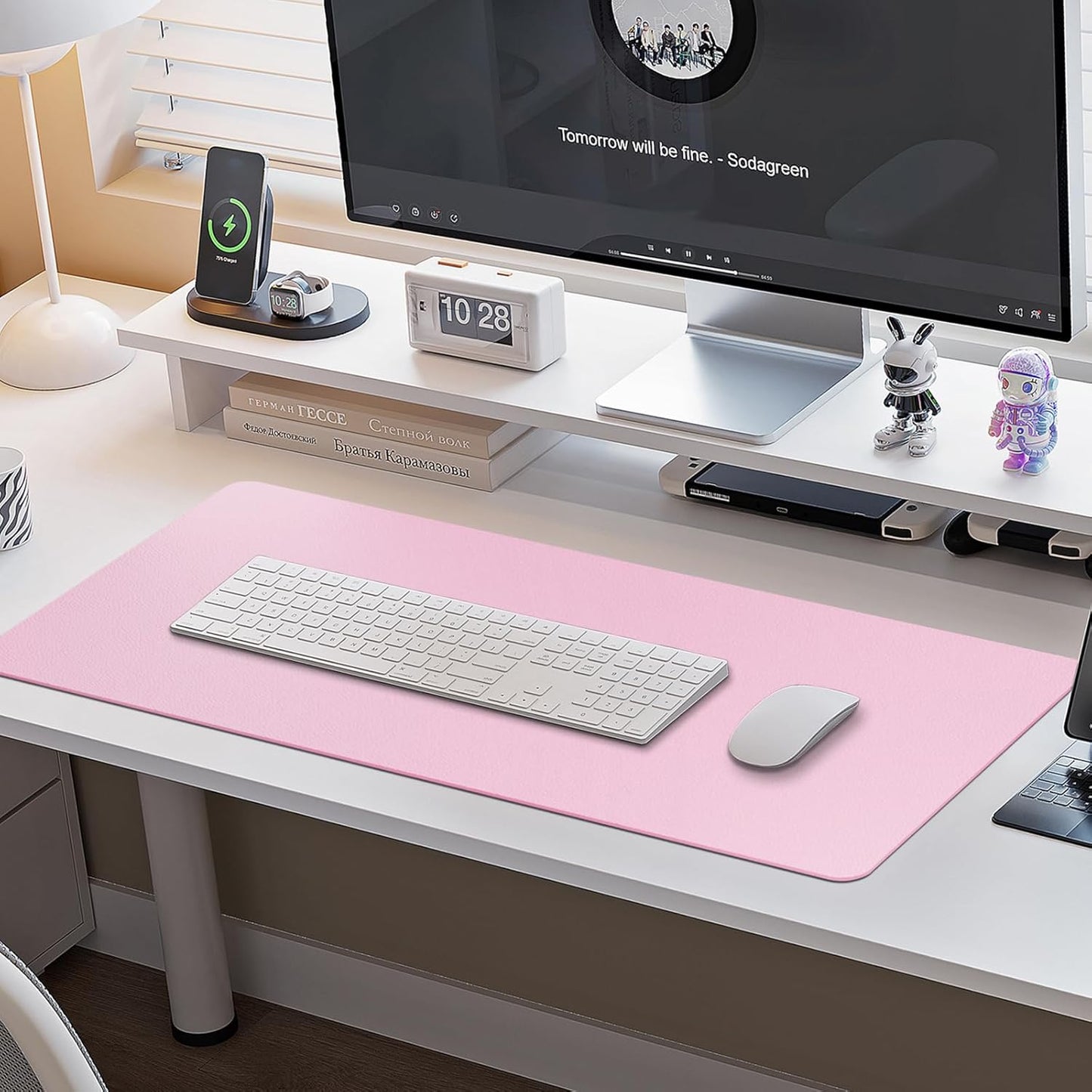 Boutilon Leather Desk Pad Protector,Non-Slip Mouse Pad,Laptop Desk Pad,Office Mouse Mat,Waterproof Leather Desk Blotter,Desk Writing Pad for Office and Home (M-Baby Pink,30"x14")