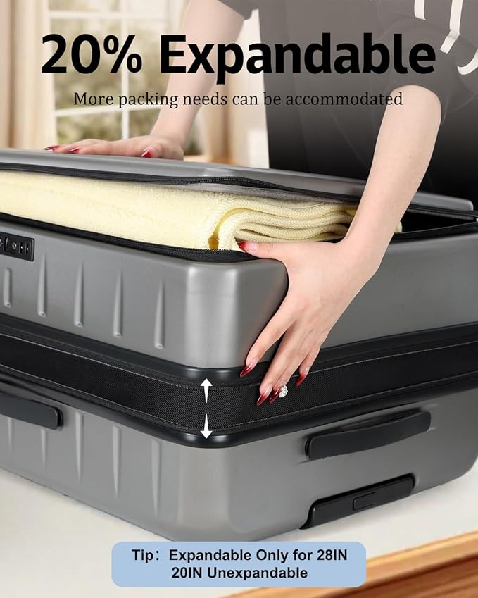 Luggage Sets 2 Pieces, 20 Inch Carry On Luggage and Expandable 28 Inch Checked Luggage with Spinner Wheels, Lightweight ABS+PC Hard Shell Suitcase with Front Opening, TSA Lock (Gray, 20/28)