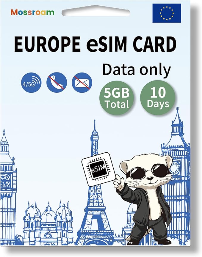 eSIM for Europe Travel,5GB Data Total, 10 Days at 4G/5G speeds,Data Only eSIM,Use Europe eSIM in UK & 30+ Countries in The EU