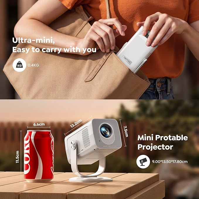 Mini Projector with WiFi6 and Two-Way Bluetooth5.4, 4K Smart 1080P Portable Outdoor Movie Proyector with Android 13 & Built-in Apps, Auto Keystone & 270° Rotation,Compatible with Phone/HDMI/TV Stick
