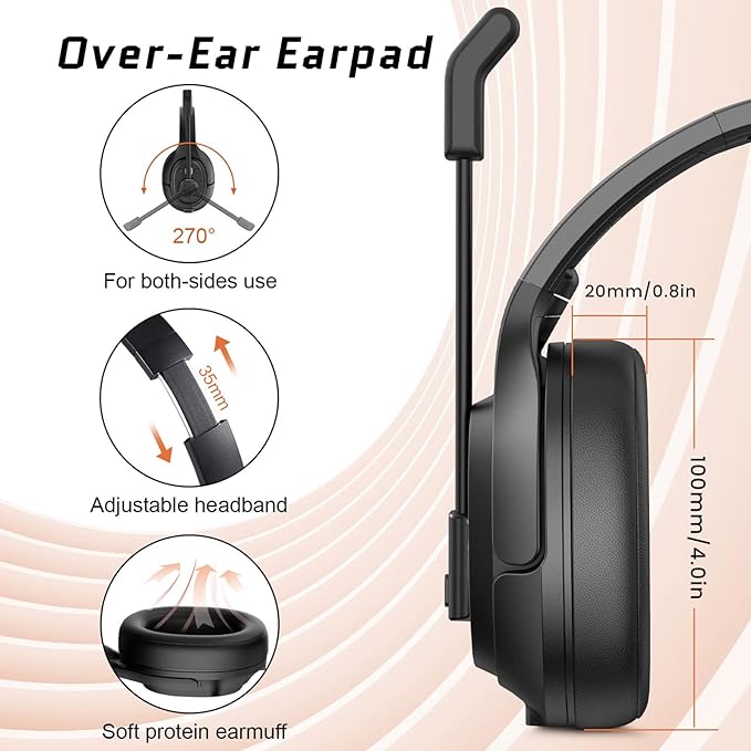 EKSA Noise Cancelling Trucker Bluetooth Headset with Microphone Wireless AI-Powered ENC Headphones, 99ft Long Range, 30H of Talk Time, All-Day Comfort On Ear Headsets Mute Button