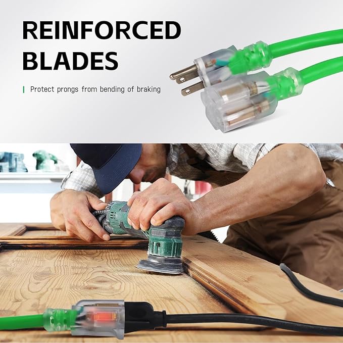 EP 6 Ft Outdoor Extension Cord, 12/3 SJTW Heavy Duty Waterproof Power Cable, 3 Prong Grounded Plug, Lighted End, for Lawn, Garden, Appliances, Green