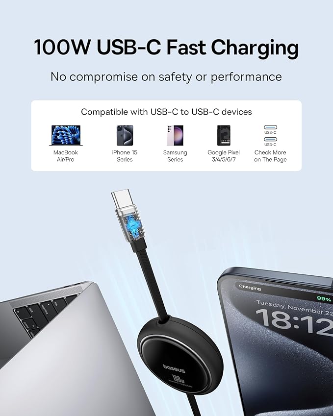 Baseus USB C to USB C Cable, 100W Retractable USB C 5A Fast Charging Cable, 4-Stage Length Preset USB Type C Charger Cord for iPhone 17 16 Pro Plus Pro Max, MacBook, iPad, Samsung S24/S23+ (3.3ft)