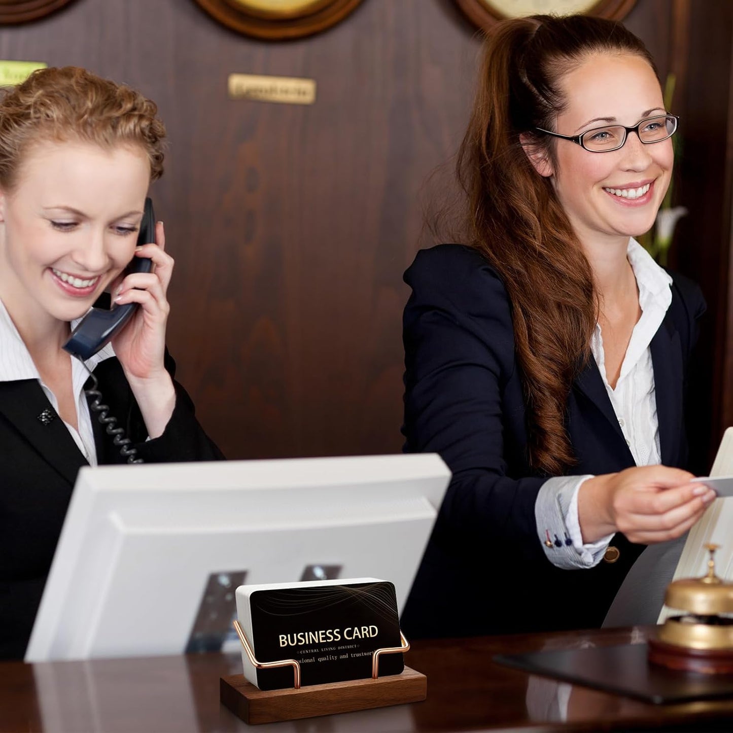 Amyhill 2 Pieces Wood Business Card Holder for Desk Wooden Business Card Display Stand Postcard Holder for Office Home Desktop (Wood Color, Rose Gold)