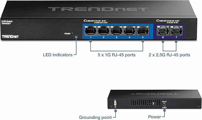 TRENDnet 7-Port Multi-Gig Gaming Switch, TEG-S327, 5 x 1G RJ-45 Base-T Ports, 2 x 2.5G RJ-45 Ports, 20Gbps Switching Capacity, Wall Mountable, Plug & Play, Lifetime Protection, Black