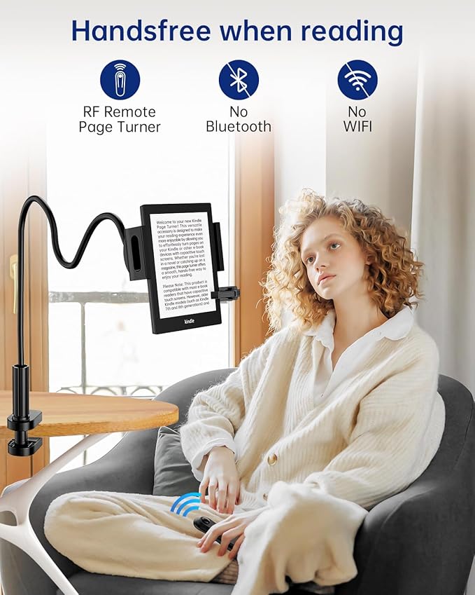 Kindle Holder with Remote Page Turner - Read in Bed Without Blocking Text or Adjusting Margins - Reduce Neck Strain - Quiet Page Turning for Kindle, iPad, iPhone