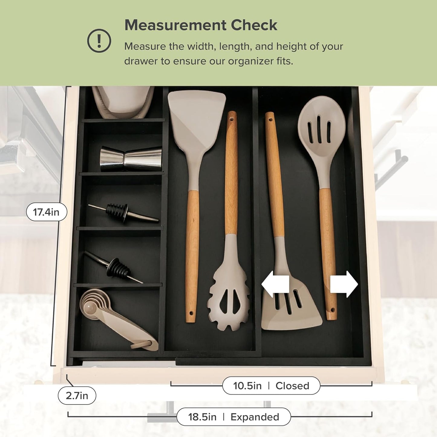 Adjustable Kitchen Drawer Organizer for Utensils and Junk, Food-Safe Contract Grade with 100% Sustainable Wood, Expandable from 10.5 to 19 Inches Wide - Black Bamboo