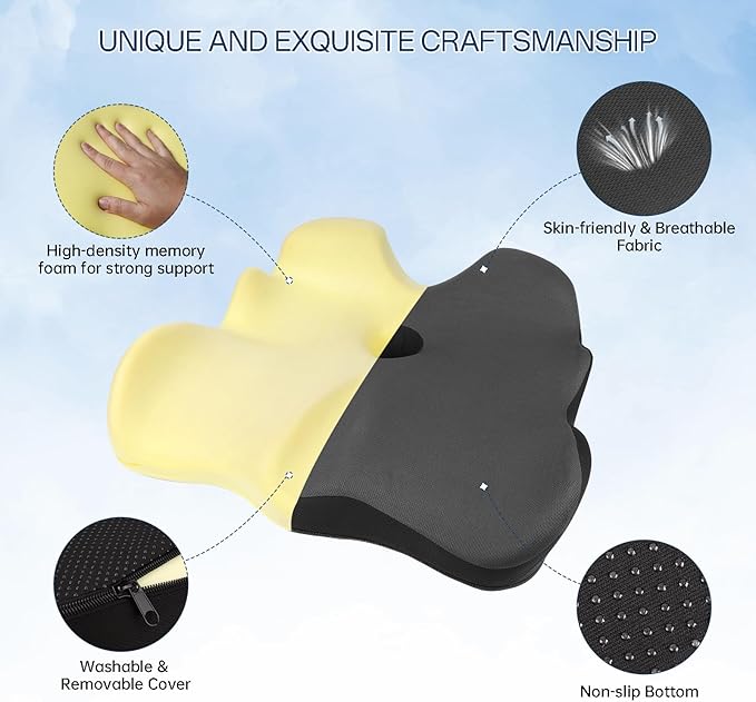 Seat Cushion, X-Large Memory Foam Office Chair Cushion, for Pressure Relief Sciatica & Pain Relief for Long Sitting Hours on Office/Home Chair, Car (Grey)