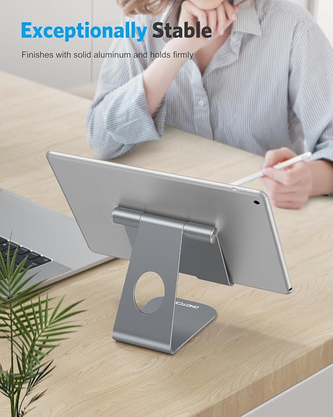 OMOTON Tablet Stand Holder Angle Adjustable, T1 Desktop Aluminum Tablet Dock Cradle Compatible with iPad Air/Mini/Pro 11/12.9, iPad 10.2, Samsung Tab and More UP to 12.9'', Grey