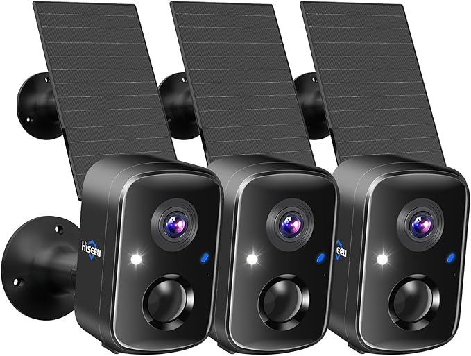 Hiseeu Security Cameras Wireless Outdoor, 3pcs Solar Powered 3K 4MP Surveillance WiFi Cameras for Home Security Outside, PIR/AI Motion Detection, Waterproof, Color Night Vision, 2-Way Audio, Black