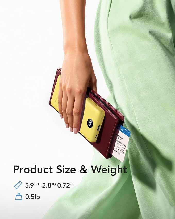 VRURC Portable Charger with Wall Plug, 10000mAh Slim Portable Charger Built in Cables,PD 20W Fast Charging Power Bank with Cords,USB C Portable Phone Charger Travel Accessories -Yellow(1 Pack)