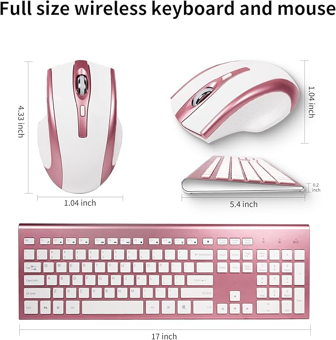 Wireless Keyboard and Mouse Combo 17inch Full Size 2.4G USB Ergonomic Slim Wireless Keyboard for PC Laptop Tablet Desktop Computer Windows Pink (Rose Gold)