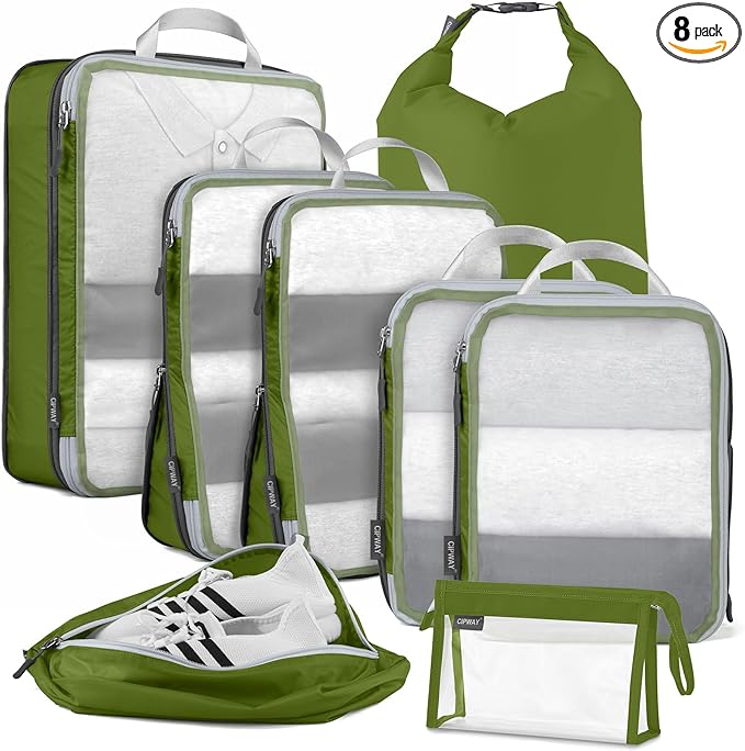 Cipway Compression Packing Cubes Mesh, Lightweight Luggage Organizer Bags with Laundry Bag,Toiletries Bag and Shoe Bag, Travel Essentials for Carry on Suitcase（8 Pcs,Green）