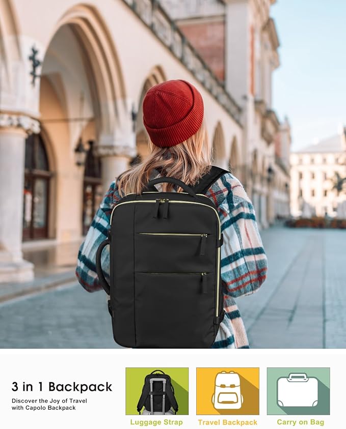 Capolo Travel Backpack for Women Men Waterproof Laptop Backpack Airlines Approved Carry On Backpack Bag Computer Bookbag for Business, Work, Traveling Fits 17 Inch Laptop(Black)