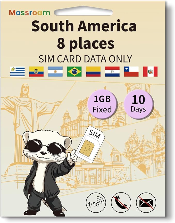 SIM Card for 8 Countries in South America– Prepaid Data Plans | 1GB Daily Data,10 Days | High-Speed Internet | Ideal for Travelers
