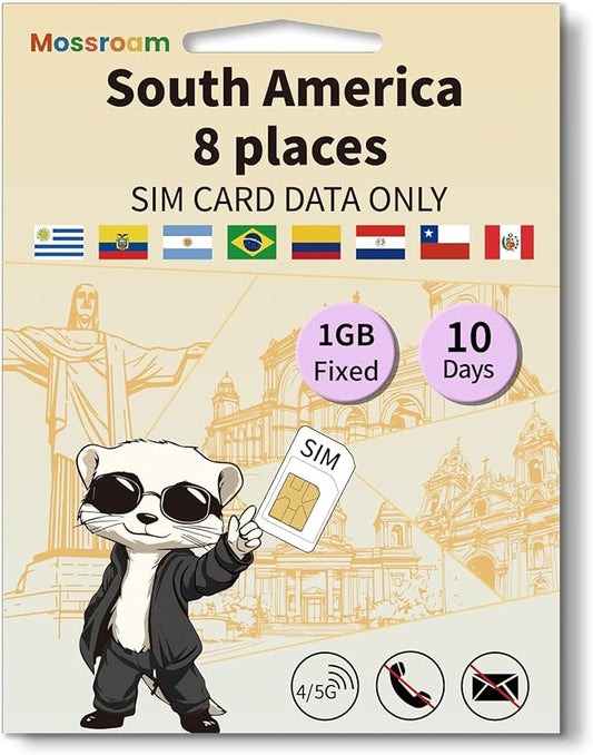 SIM Card for 8 Countries in South America– Prepaid Data Plans | 1GB Daily Data,10 Days | High-Speed Internet | Ideal for Travelers