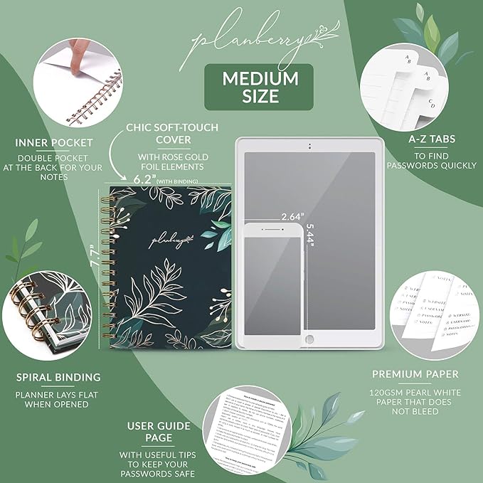 PLANBERRY Password Book Premium – Alphabetized Internet Address Organizer with A-Z Tabs – Website & Computer Password Keeper with Alphabetical Tabs – 6.2x7.7″, Hardcover (Green Pastures)