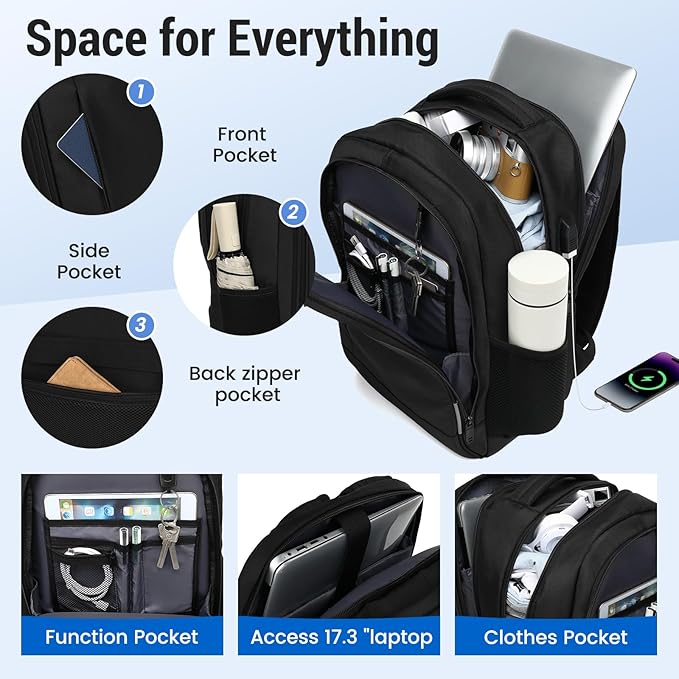 Business Laptop Backpack, 17.3 Inch Travel Laptop Bag Rucksack with USB Charging Port, Water-Resistant Bag Daypack for Work College Computer Men Women Backpack