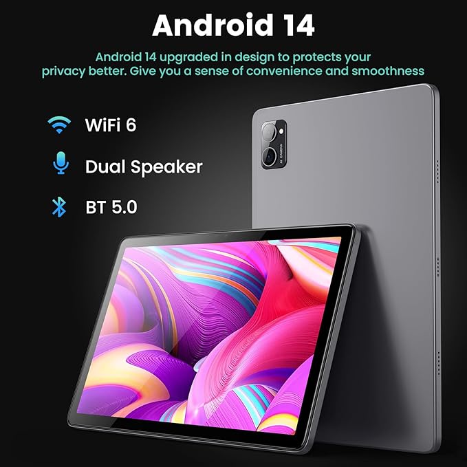 Azeyou Tablet 10.1 inch, Android 14 Tablet, 8GB 128G Computer Tablets, Octa Core Processor 6000mAh Battery, 1280x800 IPS Touch Screen, 5+8MP Dual Camera, Bluetooth,GMS, WiFi (Gray)