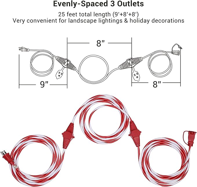 DEWENWILS 25FT Outdoor Extension Cord with Multiple Spaced Outlets Plugs, 16/3 SJTW Power Cord for Outdoor String Lights and Holiday Decorations, Appliances, UL Listed, Candy Cane