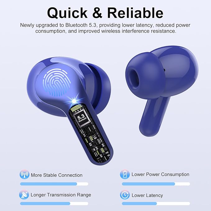 Wireless Earbuds, Bluetooth 5.4 Headphones HiFi Stereo, Bluetooth Earbuds with ENC Noise Cancelling Mic, IP7 Waterproof in Ear Earphones, 48H, LED Display Ear buds for Pad Phones Workout Sports, Blue