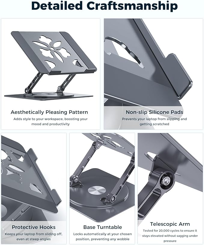 Adjustable Laptop Stand for Desk - Portable Laptop Riser with Rotating Base, Foldable Aluminum Computer Stand, Ergonomic Laptop Holder for MacBook Pro/Air Dell HP Lenovo Notebook up to 15.6", Gray