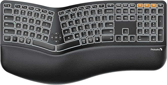 ProtoArc Backlit Bluetooth Ergonomic Keyboard, EK01 Plus Full Size Wireless Split Keyboard with Dual Bluetooth and USB, Cushioned Wrist Rest, Rechargeable, Compatible with Windows/Mac/Android, Black
