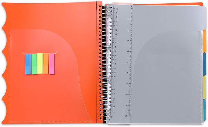 Mintra Office Durable PREMIUM Spiral Notebook, ((Orange, 5 Subject, 8.5in x 11in)), Fabric Covered Coils, No Snags, Removable Adjustable Pocket Dividers, Ruler, Organization, Customizable