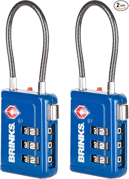 Brinks TSA Accepted Indicator Luggage Lock, Blue - Resettable 3-Dial Combination, 1.5 inch Long Cable Shackle, New More Secure TSA008 Key, 2 Pack