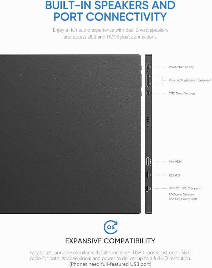 ARZOPA Portable Monitor, 15.6'' 1080P FHD Laptop Monitor USB C HDMI Computer Display HDR Eye Care External Screen w/Smart Cover for Mac Phone Xbox Switch PS5-S1 Table