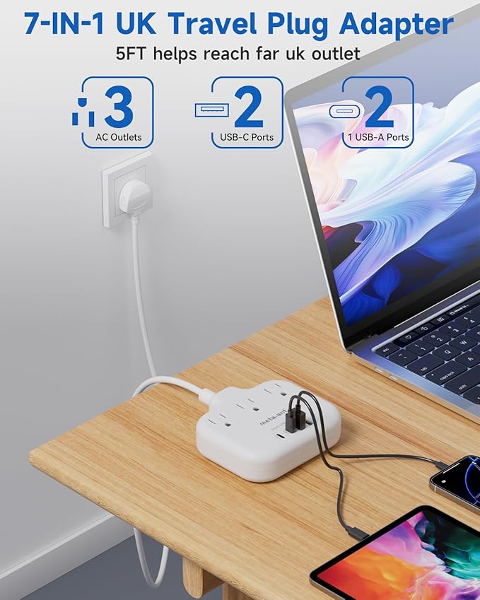 Type G Adapter for Travel,meta-ant US to UK Travel Adapter with 5ft Extension Cord,3 Outlets 4 USB(2 USB-C), Type G UK Ireland Travel Plug Adapter to British Scotland England London Hong Kong Dubai