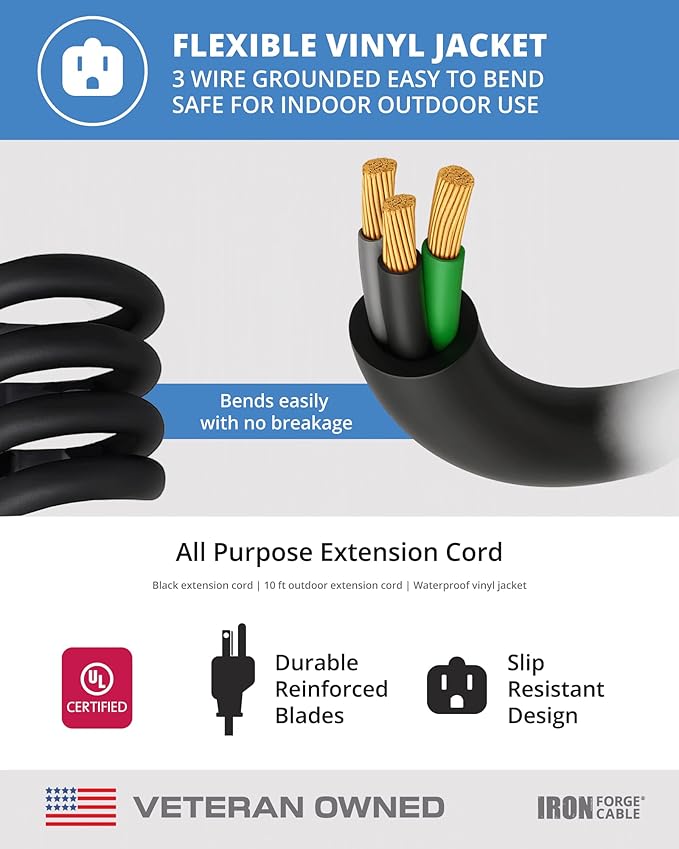 Iron Forge Cable 10 Ft Black Extension Cord, 16/3, 10 Foot Extension Cord, 3 Prong, Weatherproof - Great for Outside Use