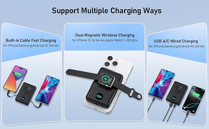Magnetic Portable Charger for iPhone with Built-in Cables, 6-in-1 10800mAh Power Bank with iWatch Charger & LCD Display,25W PD Fast Charging Battery Pack for Magsafe,iPhone 16/15/14/13/12,Apple Watch