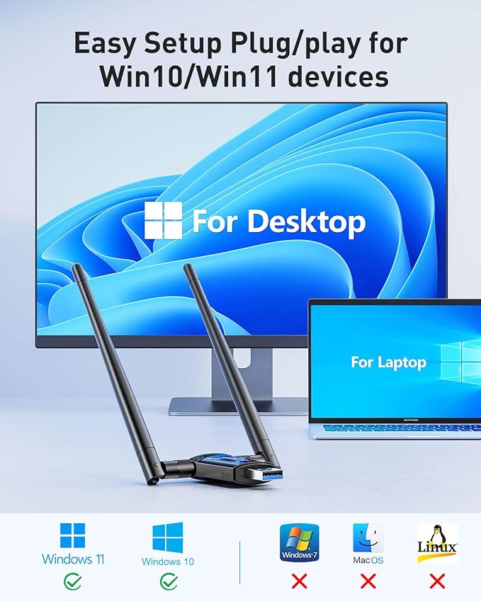 Nineplus USB WiFi Adapter for Desktop PC - 1800Mbps 5.8G/2.4G Wi-Fi 6 USB 3.0 Wireless Adapter with 2x5dBi Antenna WiFi Dongle for Desktop PC Laptop 802.11ax Internet Network Card for Win11/10