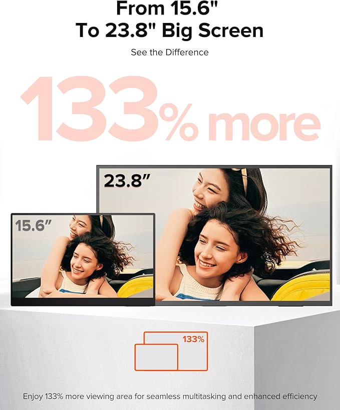 Portable Monitor 4K 23.8", 3840x2160 UHD 24" QLED Large Monitor, 400 Nits | 100% DCI-P3 | USB-C & HDMI | VESA & Kickstand | Second Screen for Computer, Mini PC, Game Consoles