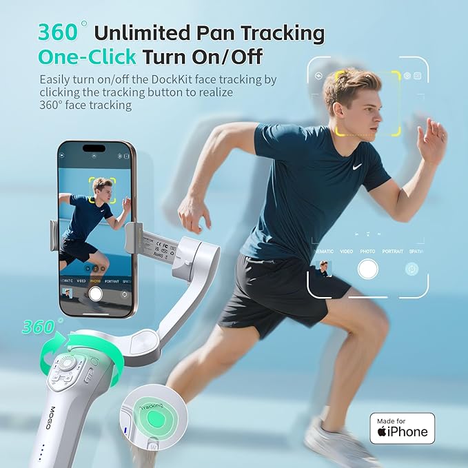 COMITOK Only for iPhone, MOGO [Apple MFi Certified] Gimbal Stabilizer for iPhone with Phone Clip & RGB Light, Support Selecting Tracking Target on Apple Watch & iOS26 Cameras for iPhone 16 15 Pro Max