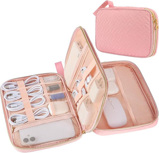 Electronics Organizer Travel Case, Charger Bag Cord Organizer Travel, All-in-One Cable Organizer Bag for Charger, Cords, Phone, Headphones, Flash Drive, SD Card (Pink, Large-Double Layer)