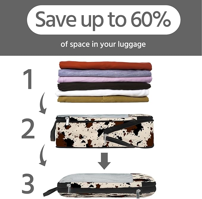 7 Pcs Compression Packing Cubes for Travel, Waterproof Suitcase Luggage Backpack Organizer with Toiletry Bag Travel Essentials for Women/Men-Cow Print