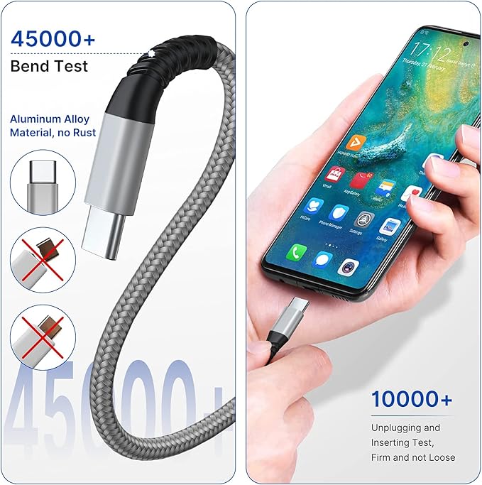 USB C Cable 3A Fast Charging 6FT 3Pack Nylon Type C Phone Charger Cord for Samsung Galaxy S24 S23 S22 S21 S20 S10 A11 A12 A13 A14 A15 A20 A21 A32 A42 A54, Tablet, LG, Moto, TCL, PS5