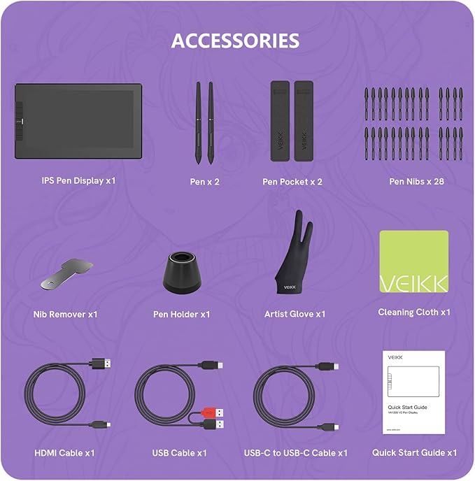 VEIKK VK1200 V2 Drawing Tablet with Screen,11.6-inch Full-Laminated Graphic Drawing Monitor,2 Battery-Free Pens with Tilt Function,6 Customizable Keys,Anti-Glare Glass(Must be Connected to PC to Work)