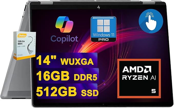 HP OmniBook X Flip 2-in-1 Copilot+ AI PC Laptop | 14" WUXGA Touch 400nits | AMD 6-core Ryzen AI 5 340 Up to 50 TOPS | 16GB DDR5 512GB SSD | Backlit Wi-Fi6E 5MP IR Camera Poly Win11Pro w/DLCA Accessory