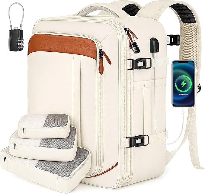 Vancropak Travel Backpack for Women, Airline Approved Carry On Backpack with 3 Packing Cubes, Expandable Large 40L Travel Bag fits 17" Laptop, Anti Theft Luggage Suitcase Weekend Daypack, White Brown