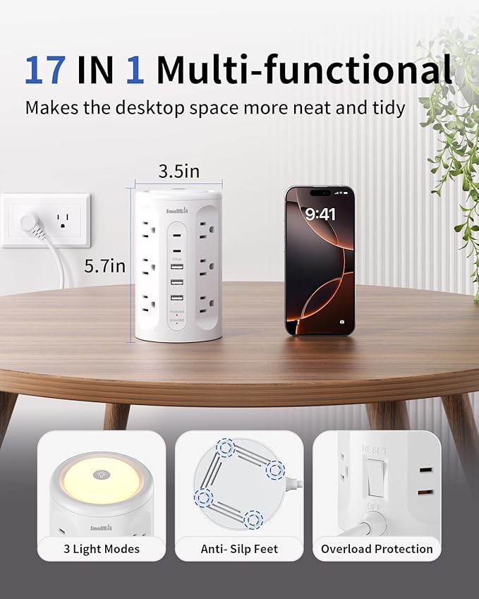 Surge Protector Power Strip Tower with 5 USB Ports and Night Light,10FT Extension Cord with 12 AC Multiple Outlets (White)