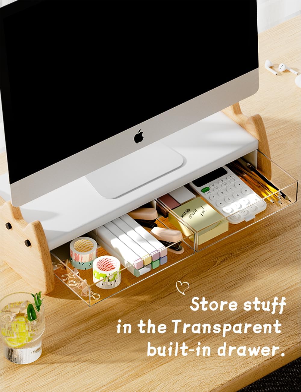 Monitor Stand Riser,Wooden & MDF Computer Desktop Stand with Acrylic Drawer,Laptop Stand Riser Holder ,Table Holder Desk Organizer Storage Stand for Laptop,Printer,TV,15.7 inch,Cute Cat