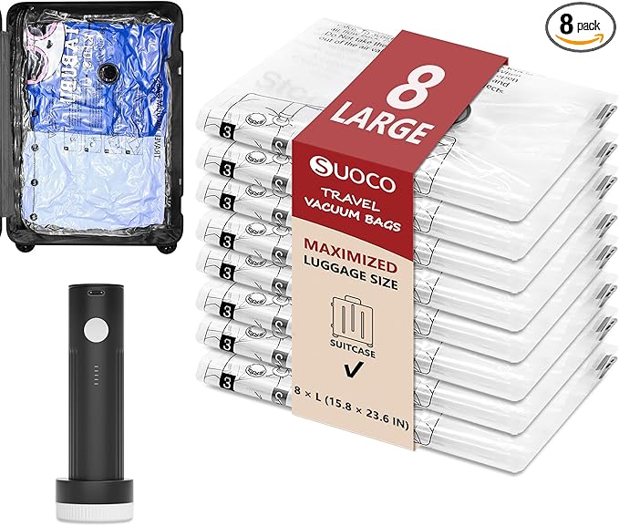SUOCO Travel Vacuum Seal Bags for Clothing with Rechargeable Electric Pump, 8 Large Compression Packing Bags for Luggage Suitcase Backpack, Carry-on Size Space Saver Storage