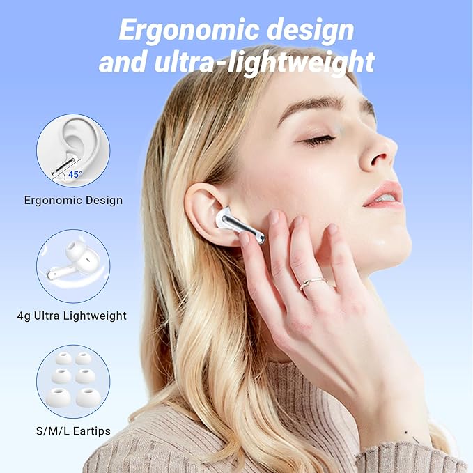 Wireless Earbuds Bluetooth Headphones Bluetooth 5.4 Ear Buds with 4 ENC Noise Canceling Mic Headsets, HiFi Stereo 42hrs Playback Earphones with LED Power Display for Sports/Workout/Running White