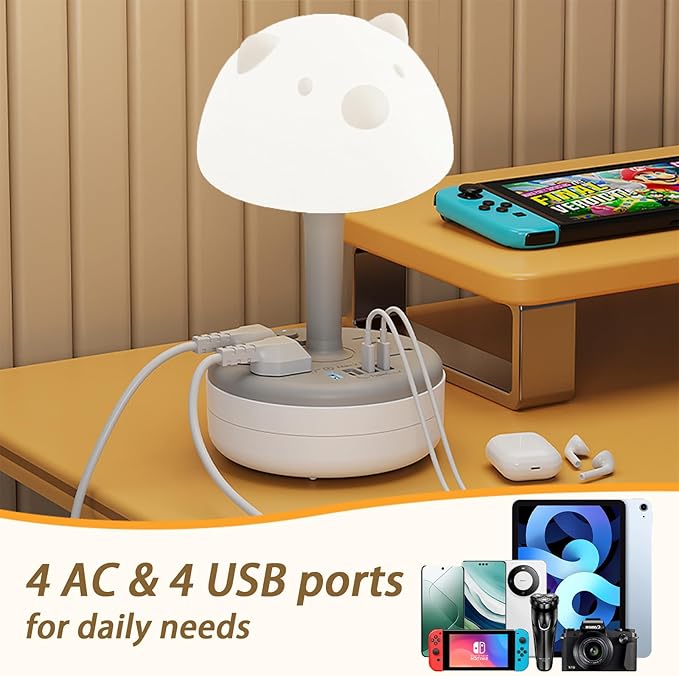 Power Strip Surge Protector with Desk Lamp, 6FT Retractable Extension Cord, 3 Light Modes, 4 AC Outlets, 1 Smart USB-A & 3 USB-C Ports, Portable Power Strip for Home Office Dorm