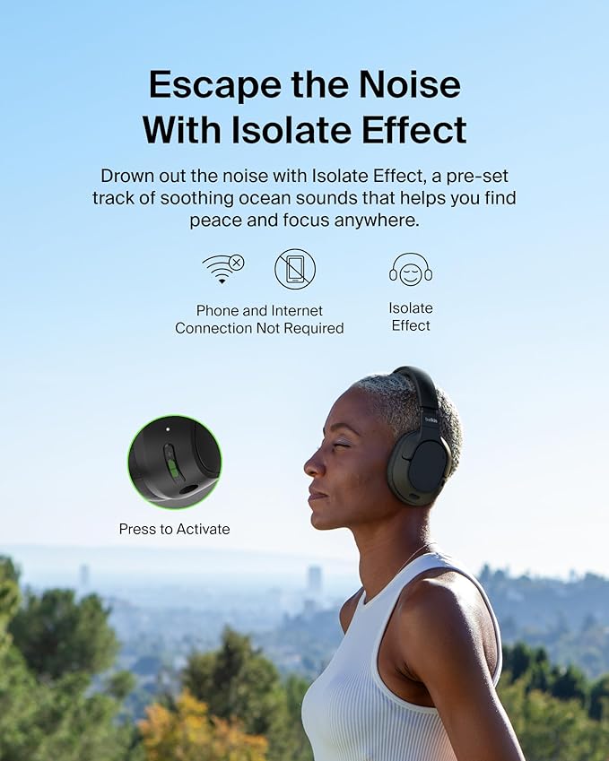 Belkin SoundForm Isolate Bluetooth Over-Ear Headphones - Hybrid Active Noise Cancelling Headphones - Wireless w/ 60H Playtime, Fast Charging & CloudCushion Ear Cups for Travel, Home, or Office - Black